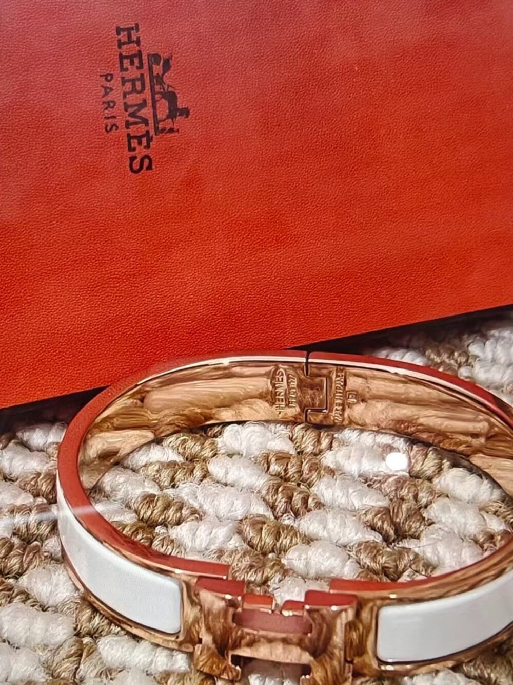 Hermes Clic H White Enamel Rose Gold Hinged Bangle Bracelet